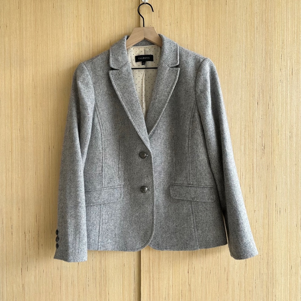 Talbots Herringbone Gray Heathered Shetland Wool Blazer